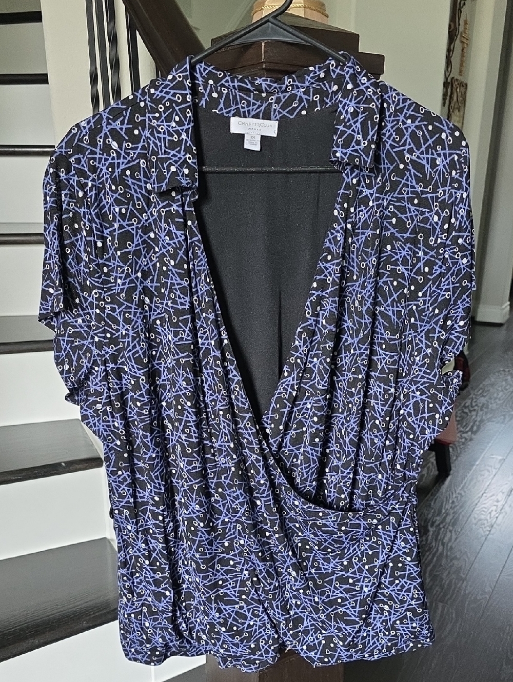 Charter Club Black & Periwinkle Abstract Wrap-Front Blouse